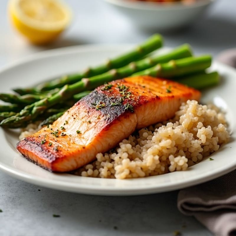 Seared Salmon Fillet with Steamed Asparagus and Brown Rice
