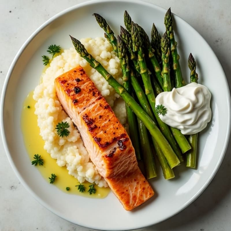 Seared Salmon with Roasted Asparagus and Cauliflower Mash
