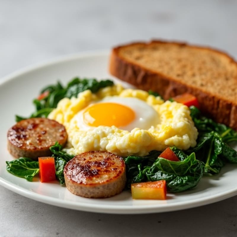 Egg White and Turkey Sausage Scramble with Sautéed Spinach