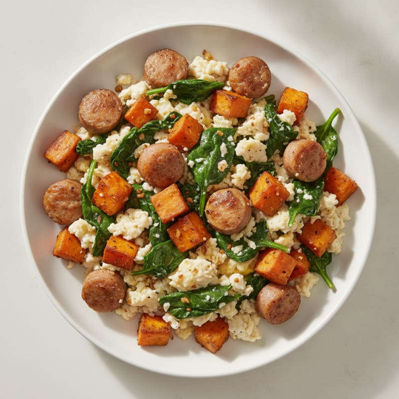 Egg White and Turkey Sausage Scramble with Spinach and Sweet Potato