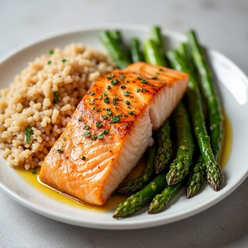Seared Salmon with Steamed Asparagus and Brown Rice