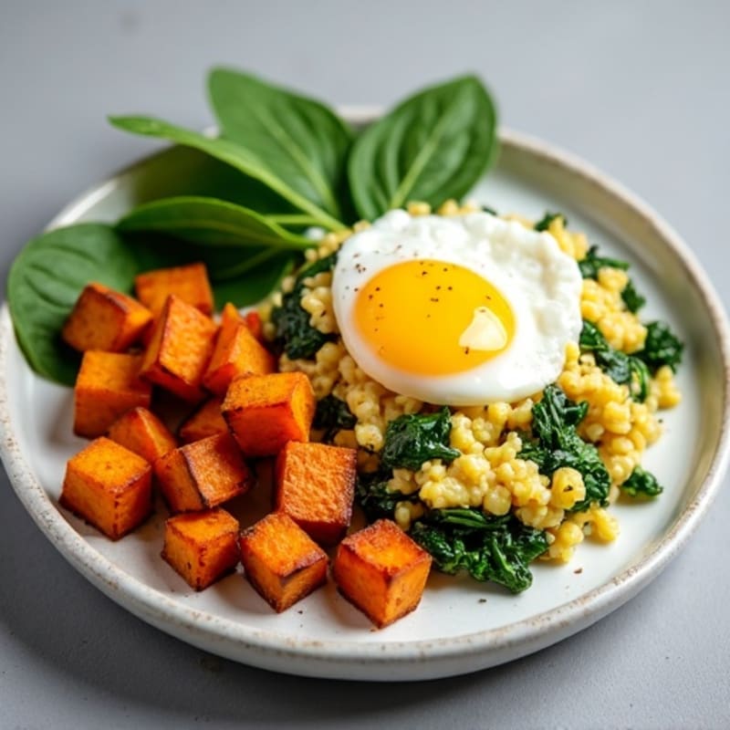Cottage Cheese Egg White Scramble with Spinach and Roasted Sweet Potato