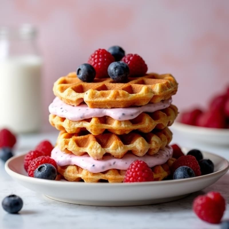 Crispy Protein Waffle Sandwiches with Whipped Berry Greek Yogurt