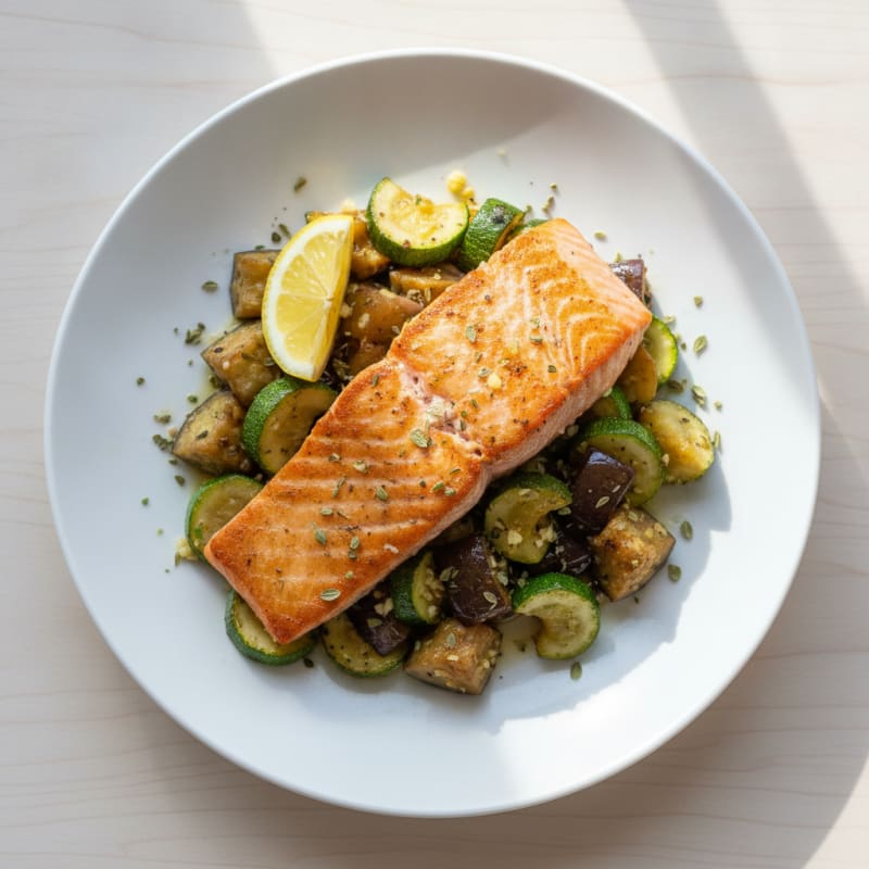 Seared Salmon with Roasted Eggplant and Zucchini Medley