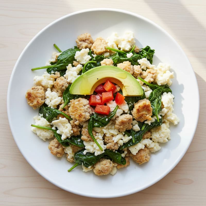 Egg White Scramble with Turkey Sausage and Sautéed Spinach