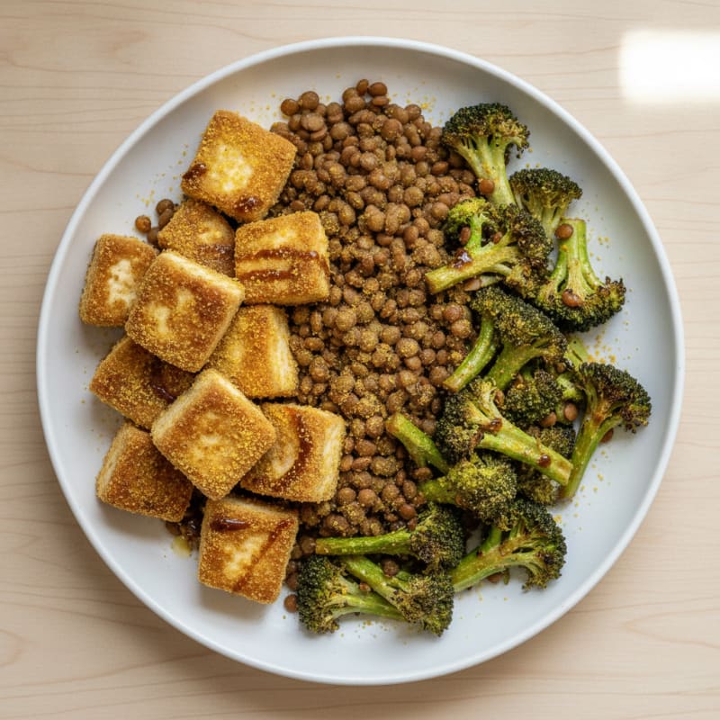 Crispy Tofu and Lentil Power Bowl with Roasted Broccoli