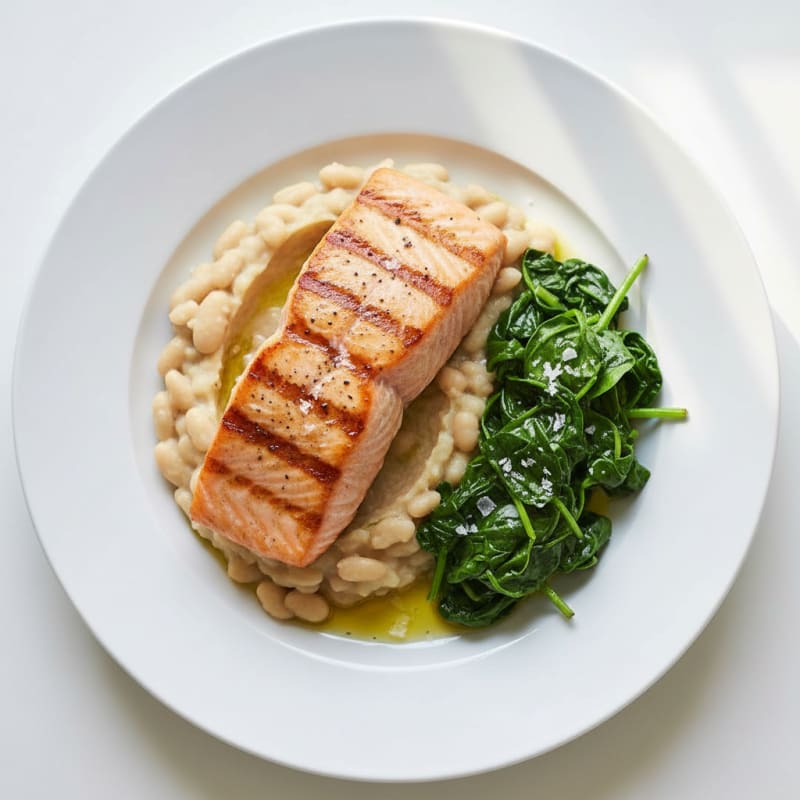 Seared Salmon Fillet with Creamy White Bean Mash and Sautéed Spinach
