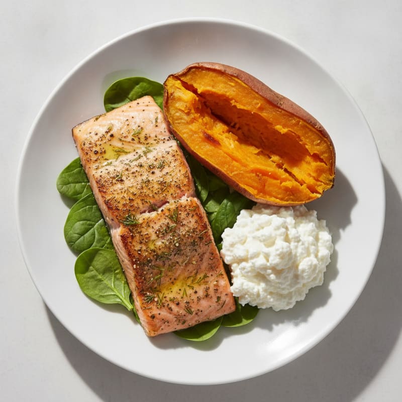 Herb-Roasted Salmon with Whipped Cottage Cheese and Sweet Potato