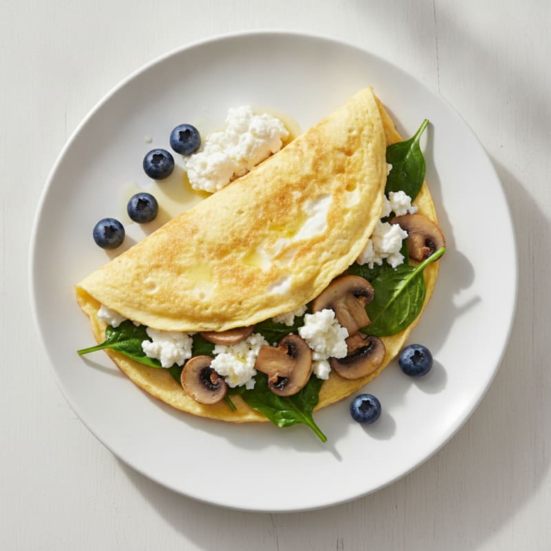 Egg White Spinach Omelette with Cottage Cheese and Sautéed Mushrooms