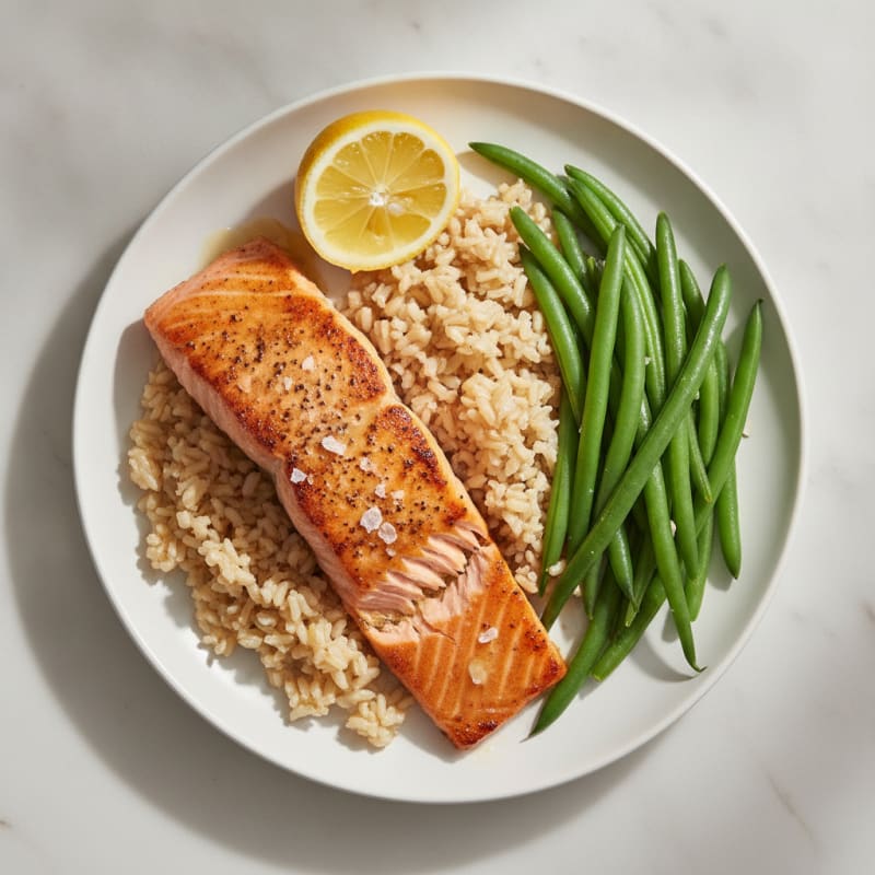 Seared Salmon with Steamed Green Beans and Brown Rice