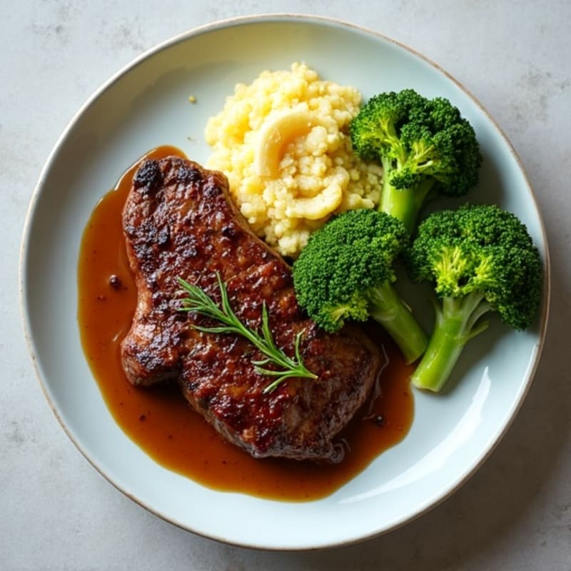 Seared Lean Beef with Roasted Broccoli and Garlic Mash
