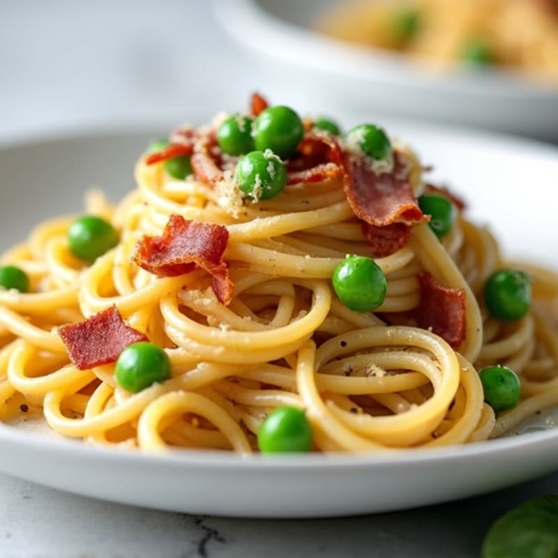 Lightened Creamy Carbonara with Crispy Bacon and Peas