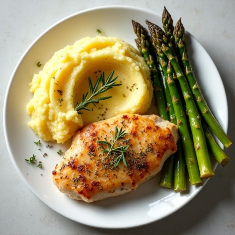 Herb-Roasted Chicken with Creamy Buttery Garlic Mashed Potatoes and Crispy Roasted Asparagus
