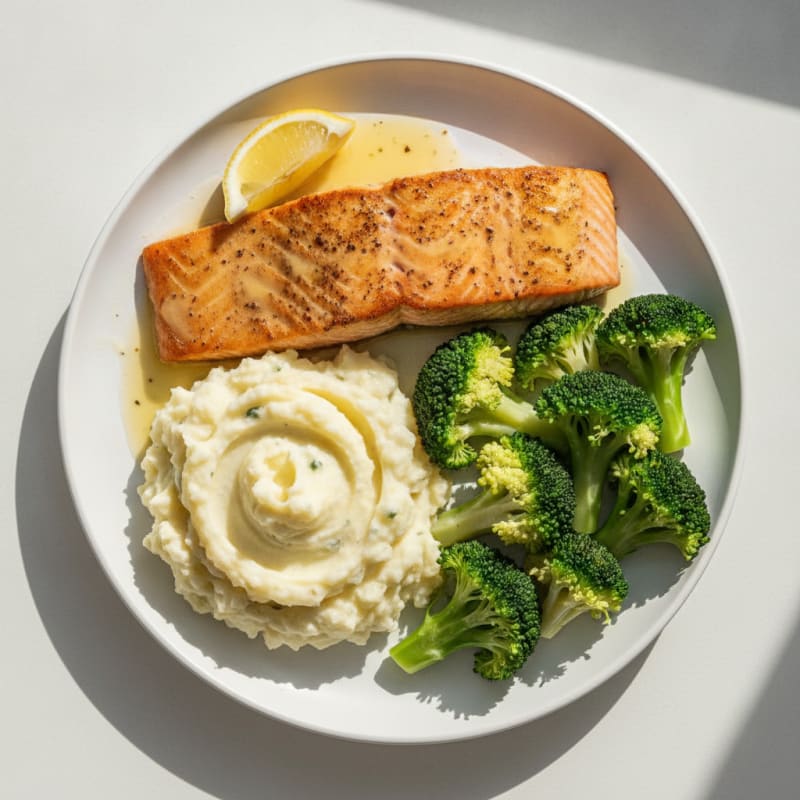 Seared Salmon with Steamed Broccoli and Garlic Mashed Potatoes
