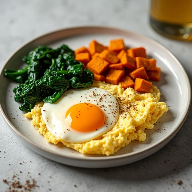 Fluffy Scrambled Eggs with Sautéed Spinach and Crispy Sweet Potato Hash