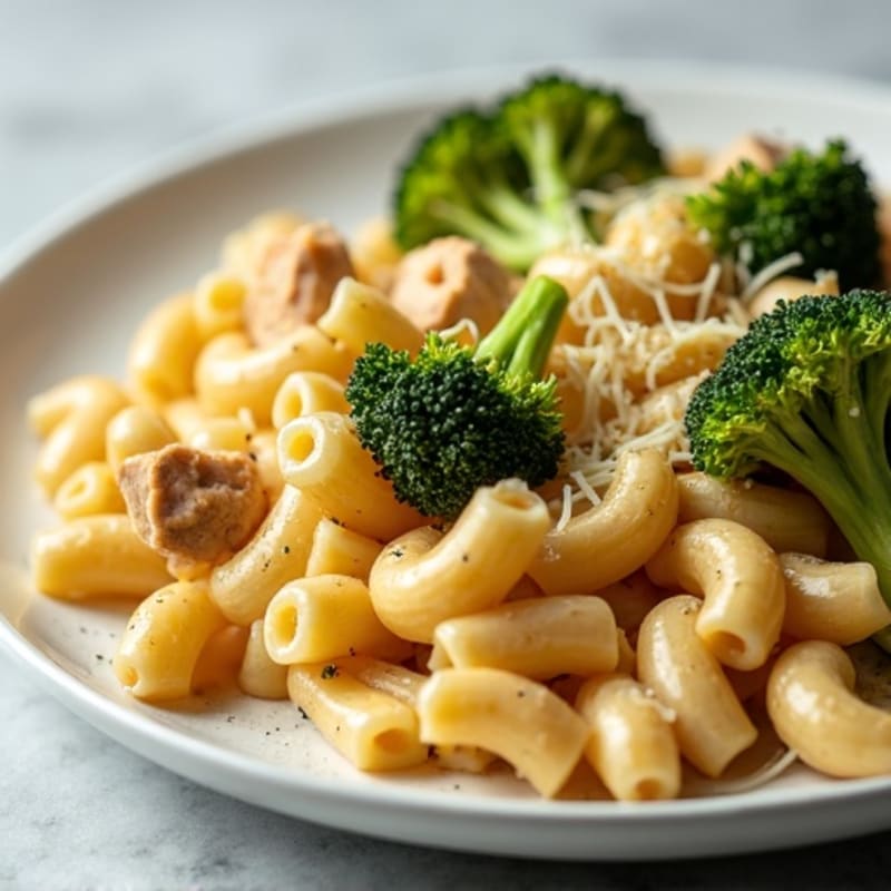 Creamy Baked Mac with Chicken and Roasted Broccoli