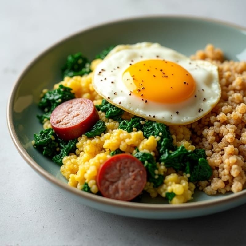 Egg White and Turkey Sausage Scramble with Sautéed Spinach