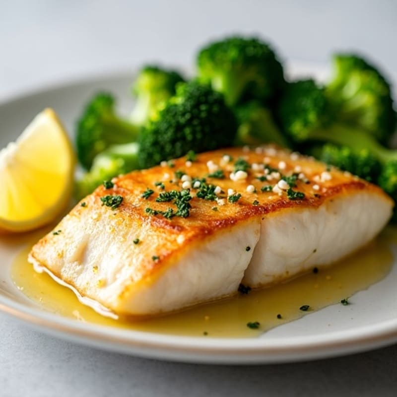 Seared Cod Fillet with Steamed Broccoli and Lemon