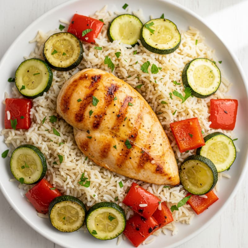 Lemon Herb Rice Pilaf with Roasted Vegetables and Grilled Chicken