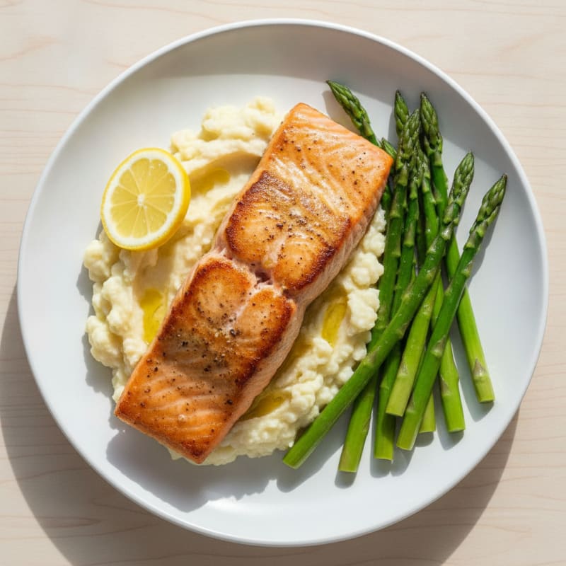 Seared Salmon with Steamed Asparagus and Garlic Mashed Cauliflower