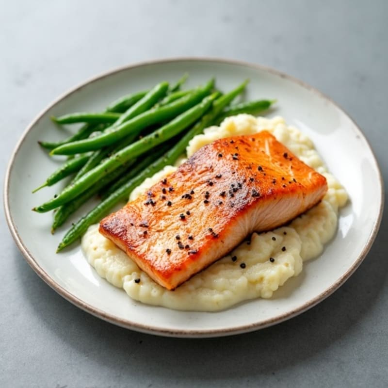 Seared Salmon with Steamed Green Beans and Cauliflower Mash