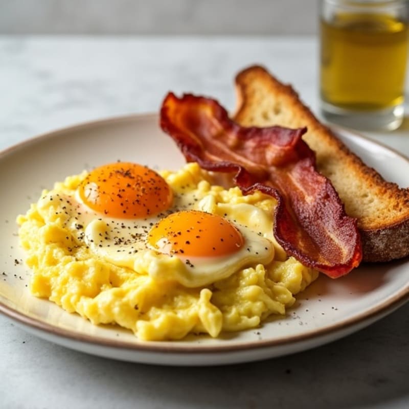 Crispy Turkey Bacon, Fluffy Eggs, and Toasted Sourdough