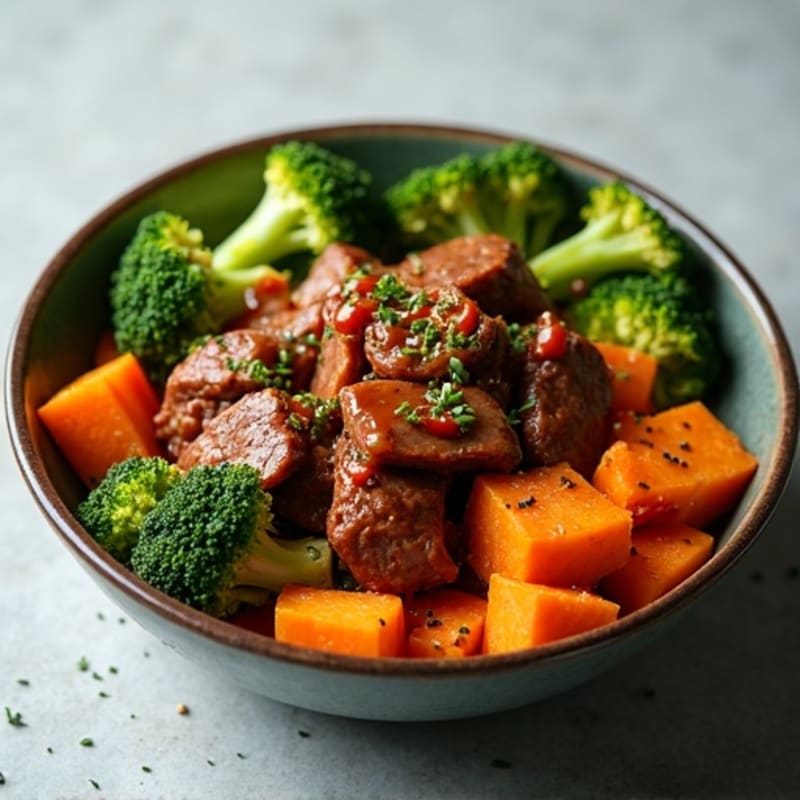Spicy Honey Glazed Beef Bowl with Roasted Sweet Potato and Broccoli