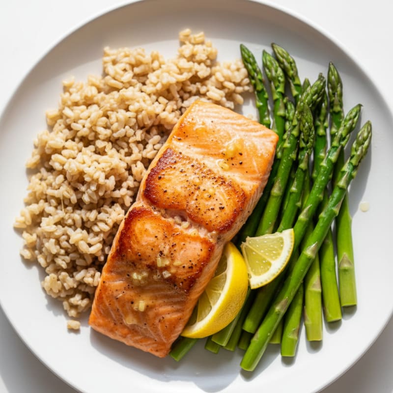 Seared Salmon Fillet with Steamed Asparagus and Brown Rice