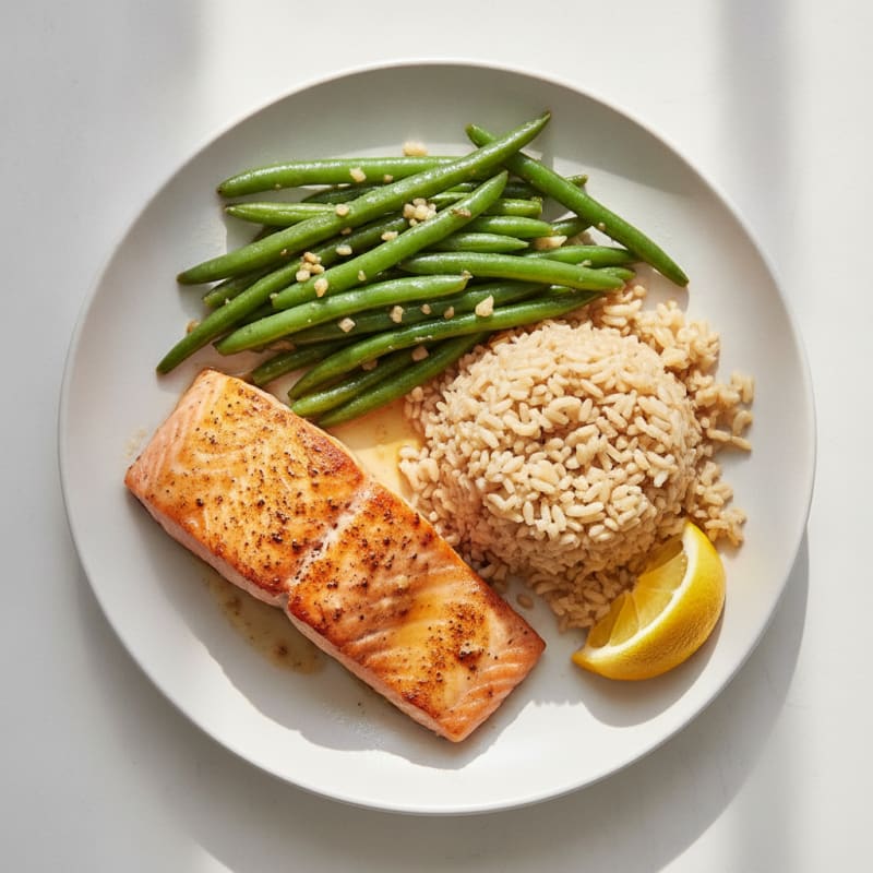 Seared Salmon Fillet with Garlic Green Beans and Brown Rice