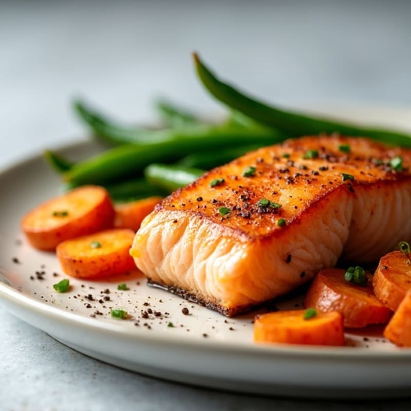 Crispy Pan-Seared Salmon with Roasted Sweet Potato and Green Beans