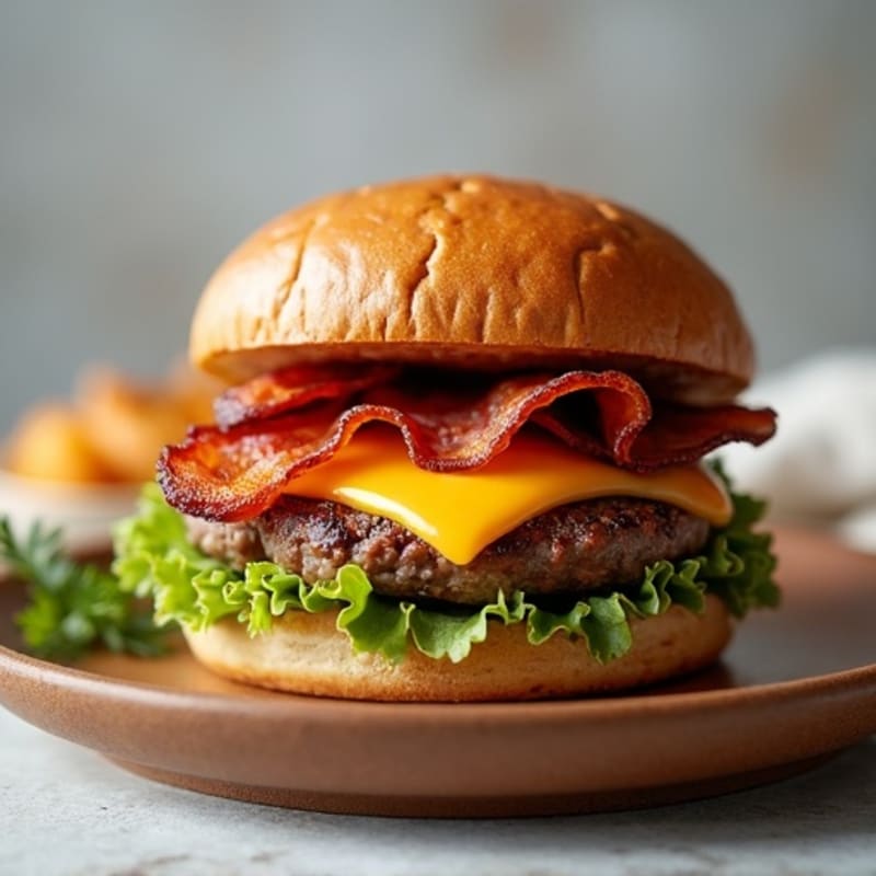Lean Beef Burger with Crispy Turkey Bacon and Melted Sharp Cheddar