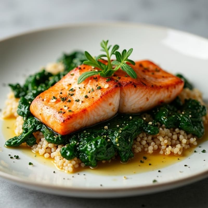 Seared Salmon with Quinoa and Garlic Sautéed Spinach
