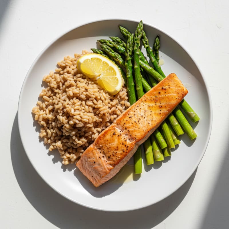 Seared Salmon with Steamed Asparagus and Brown Rice