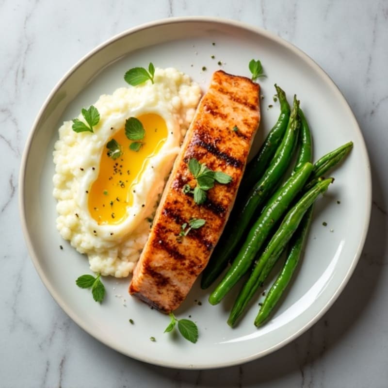 Grilled Salmon with Steamed Green Beans and Cauliflower Mash