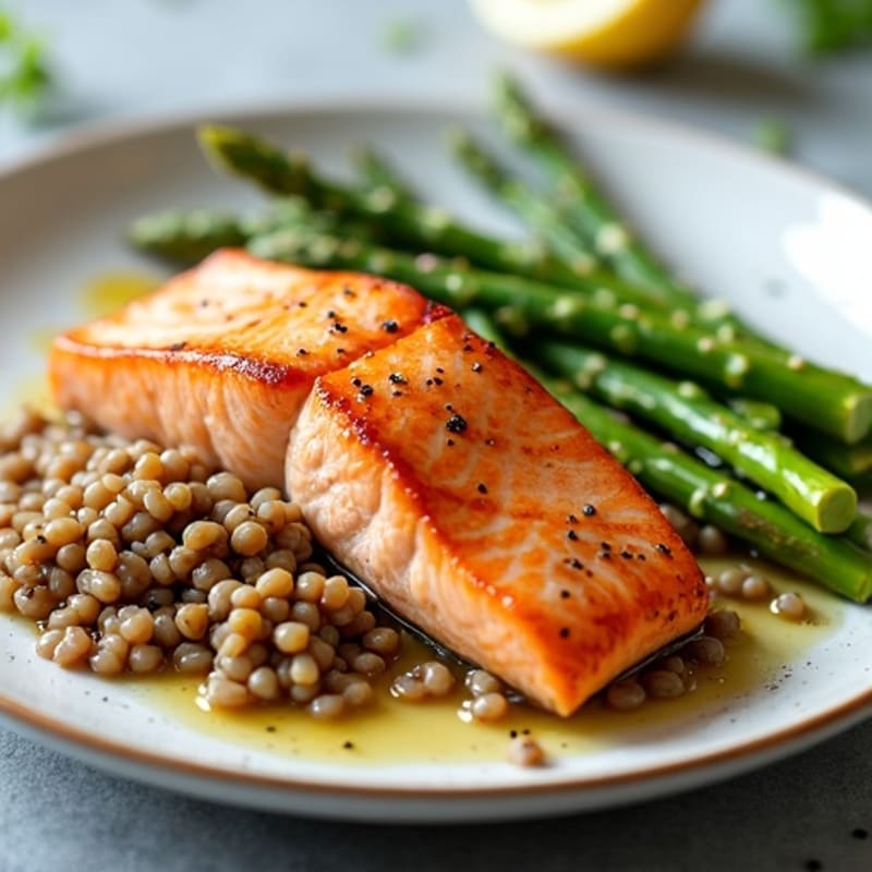 Seared Salmon Fillet with Steamed Asparagus and Lentils