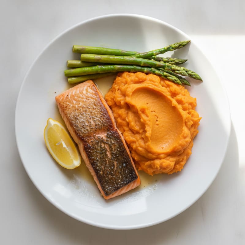Seared Salmon with Steamed Asparagus and Mashed Sweet Potatoes