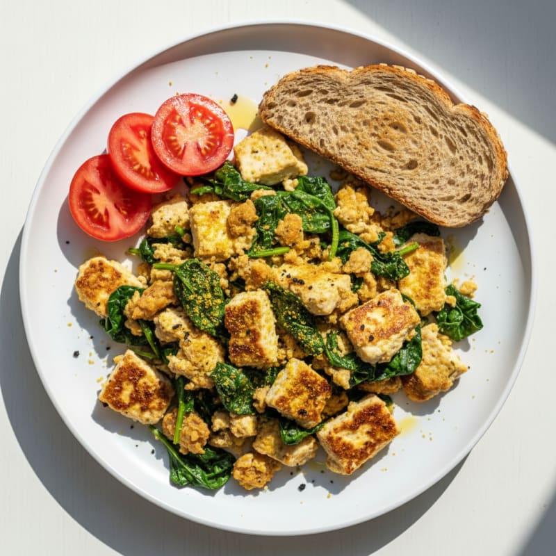 Silky Tofu Scramble with Spinach and Tempeh Crumbles