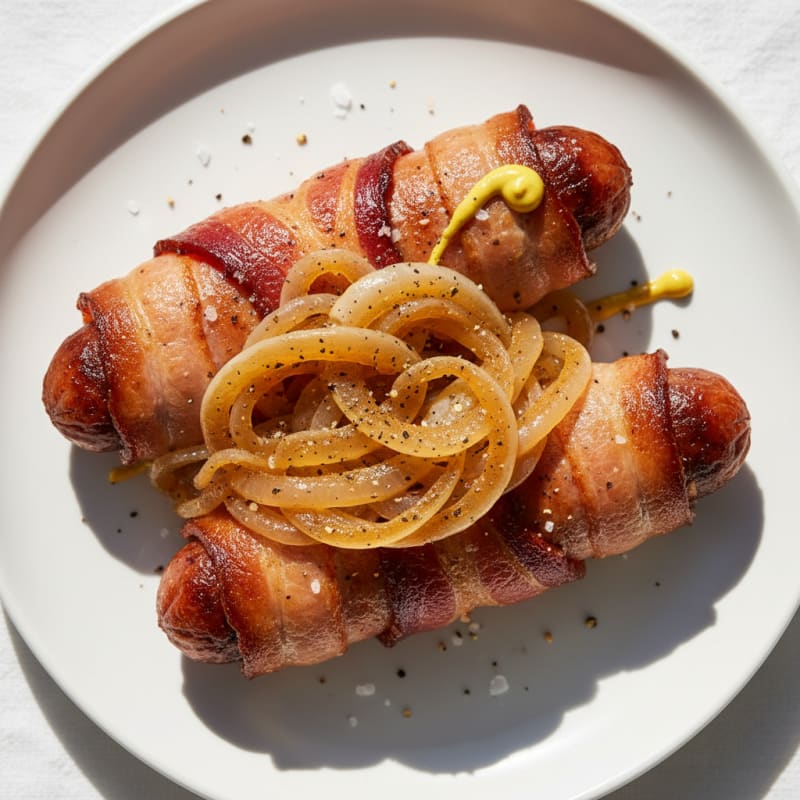 Crispy Bacon-Wrapped Hot Dogs with Caramelized Onions