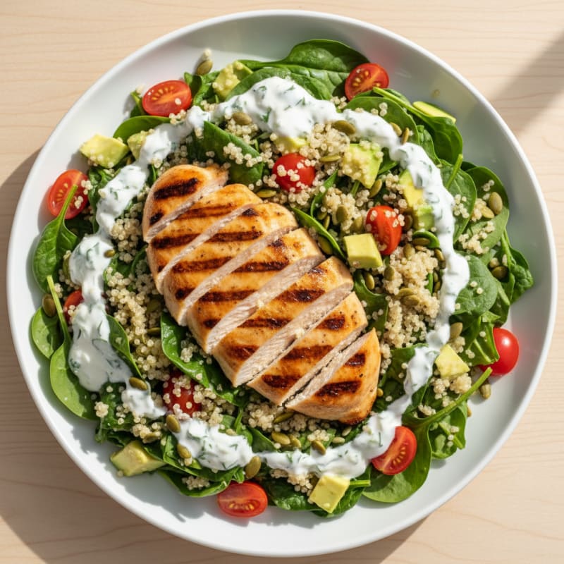 Grilled Chicken Breast with Creamy Quinoa Spinach Salad