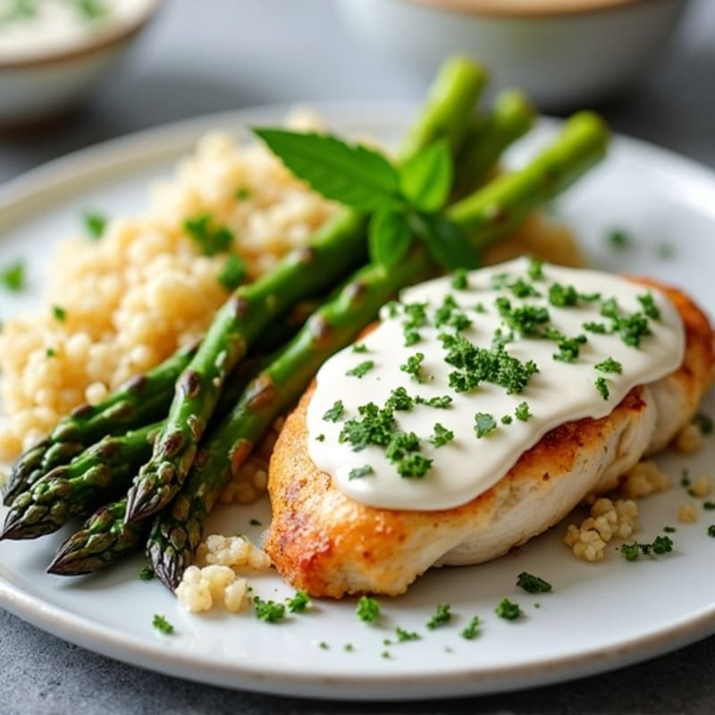 Creamy Garlic Herb Chicken with Roasted Asparagus and Quinoa