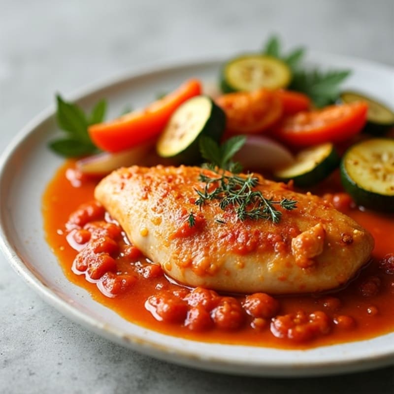 Creamy Spiced Tomato Chicken with Roasted Vegetables
