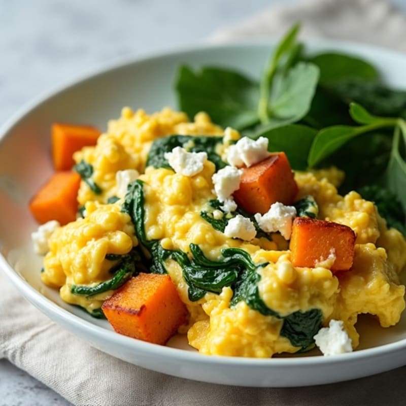 Fluffy Scrambled Eggs with Fresh Spinach and Roasted Sweet Potatoes