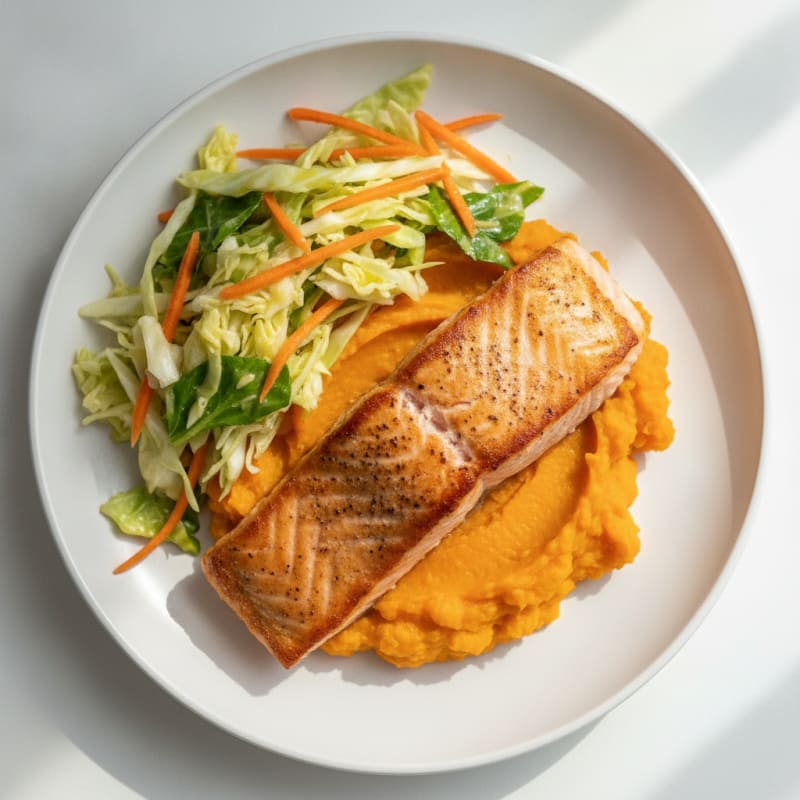 Seared Salmon with Crunchy Cabbage Slaw and Sweet Potato Mash