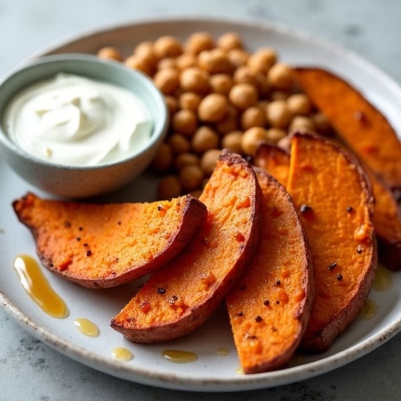 Crispy Roasted Sweet Potato Wedges with Maple Cinnamon & Greek Yogurt Dipping Sauce