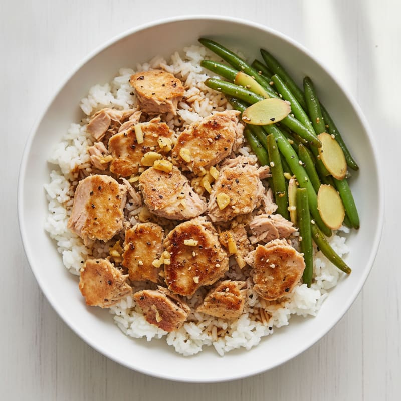 Quick Tamari Tuna and Rice Bowl with Ginger Green Beans