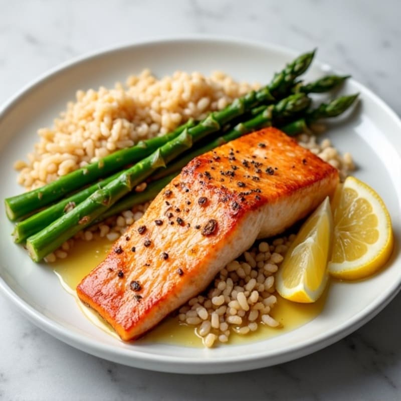 Seared Salmon Fillet with Steamed Asparagus and Brown Rice