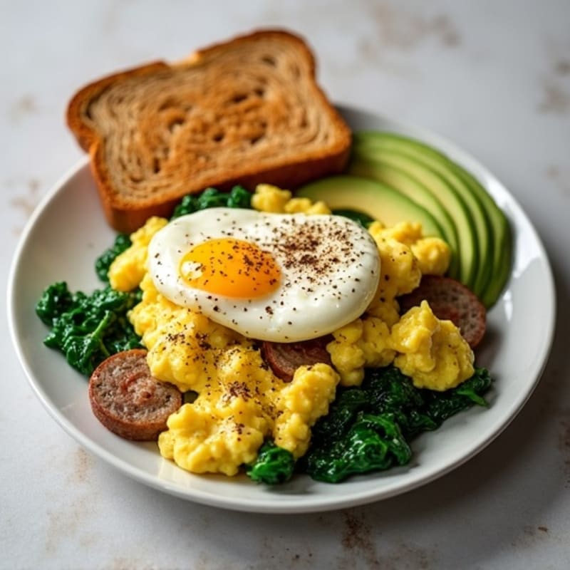 Egg White and Turkey Sausage Scramble with Sautéed Spinach