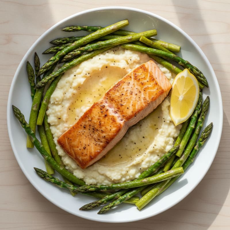 Seared Salmon with Roasted Asparagus and Cauliflower Mash