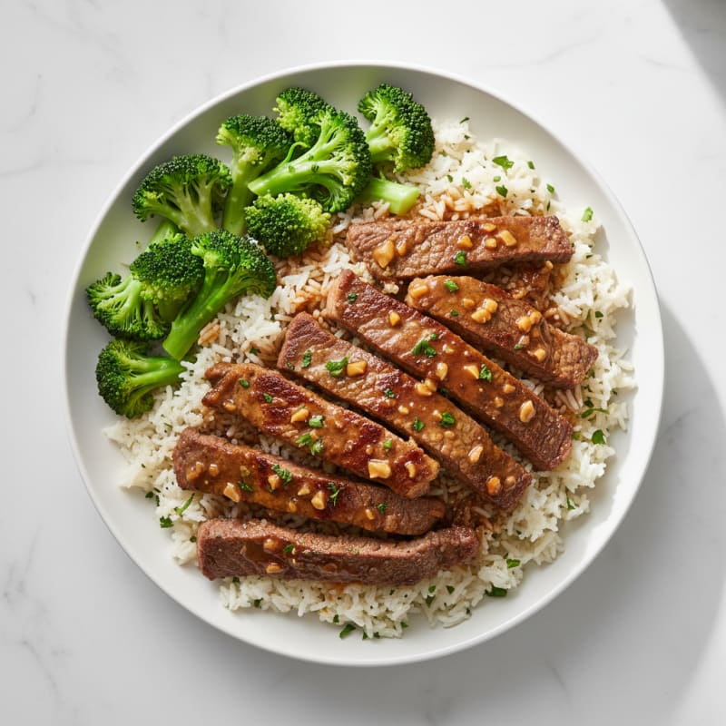 Seared Beef Strips with Herb Rice and Steamed Broccoli