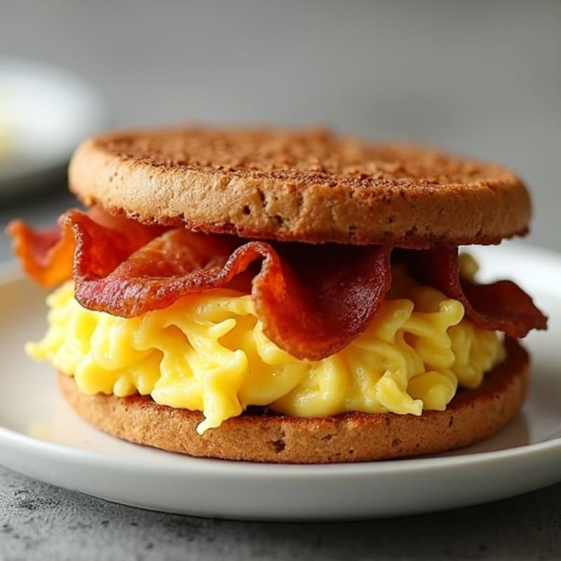 Whole Wheat English Muffin with Crispy Lean Bacon and Fluffy Scrambled Eggs